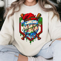 Drip Santa Hat Graphic Sweater, Christmas Baseball Sweatshirt, Holiday Baseball Player Crewneck, Festive Sports Fan Xmas Pullover