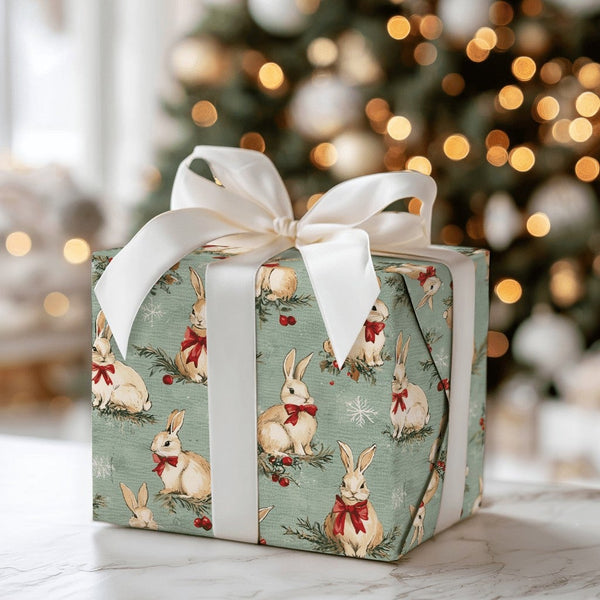 Woodland Rabbit Holiday Gift Wrap, Vintage Christmas Bunny Wrapping Paper, Sage Green Winter Wrapping Paper, Rustic Holiday G