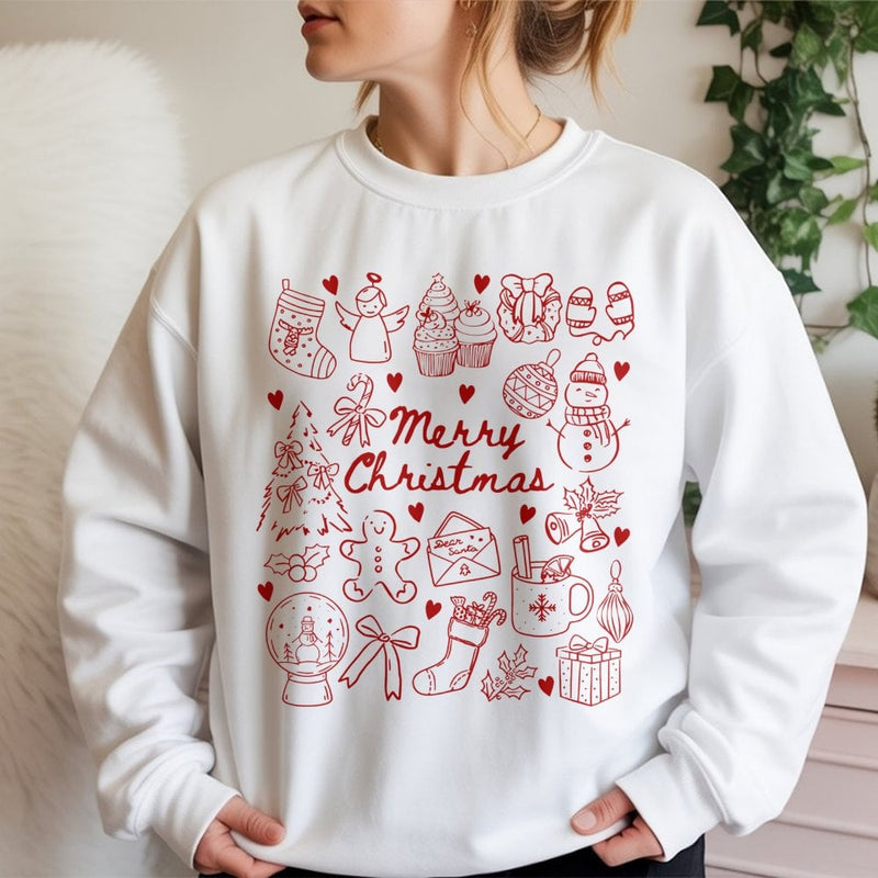 Red Festive Holiday Doodles Shirt, Merry Christmas Sweatshirt, Adorable Christmas Icons Crewneck, Comfy Winter Sweater, Holiday Present for Her