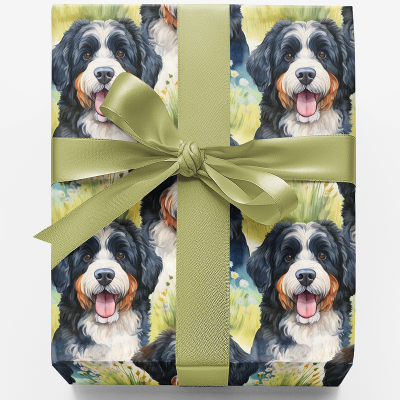 Berner Puppy Gift Wrap, Bernese Mountain Dog Wrapping Paper, Watercolor Dog Floral Gift Wrapping Paper, Dog Lover Christmas Present Wrap