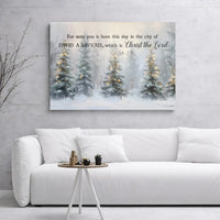 Snowy Winter Forest Christmas Scripture Poster, Luke 2:11 Bible Verse Wall Art, Christian Holiday Print, Digital Download Pine Decor