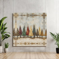 Vintage Gold Leaf Winter Forest Canvas Print, Rustic Christmas Trees Square Canvas, Holiday Wall Art Canvas, Farmhouse Xmas Decor