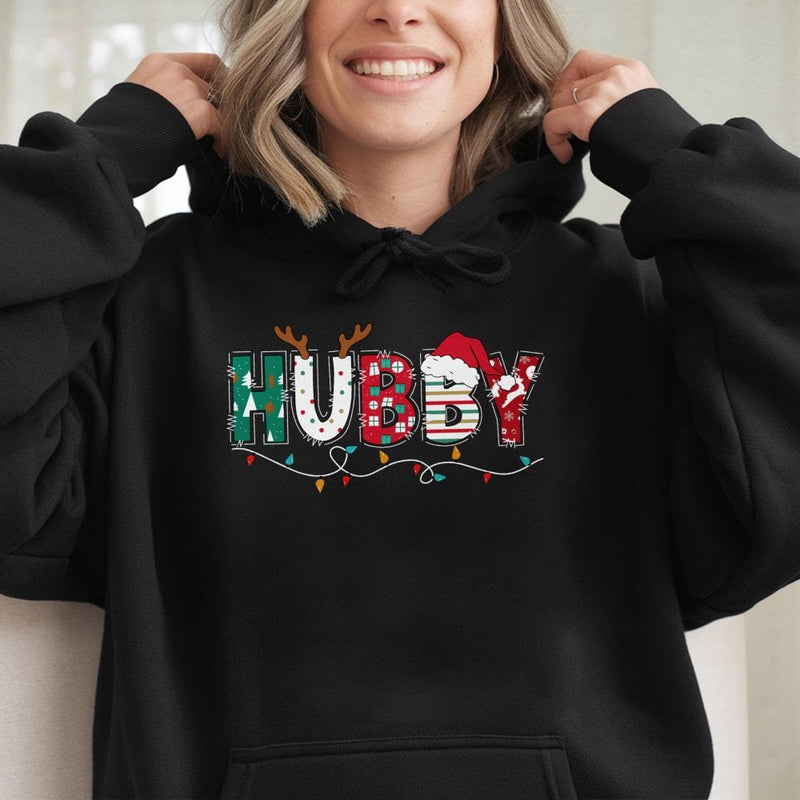 Festive Reindeer Antler Hooded Sweatshirt, Hubby Christmas Hoodie, Matching Couples Holiday Pullover, Xmas Present for Husband