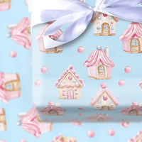 Watercolor Gingerbread Gift Wrap, Pink Gingerbread House Wrapping Paper, Pastel Pink Christmas Wrapping Paper, Adorable Holiday Gift Wrap Roll