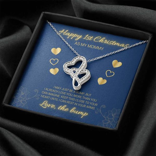 Interlocking Heart Pendant, First Christmas Mommy Heart Necklace, Expecting Mom Heart Necklace, 14K White Gold Over Stainless