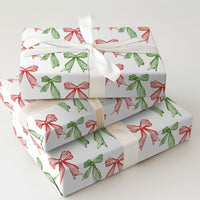 Red and Green Bow Gift Wrap Roll, Hand Drawn Christmas Bows Wrapping Paper, Festive Holiday Wrapping Paper, Xmas Gift Wrapping Paper Roll