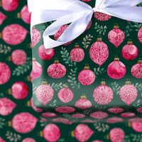 Watercolor Greenery Gift Wrap, Pink Ornament Christmas Wrapping Paper, Dark Green Holiday Wrapping Paper, Elegant Winter Bauble Gift Wrap