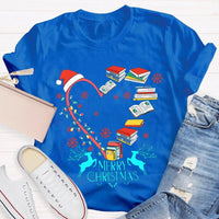 Heart Graphic Tee, Christmas Books Santa Hats Snowflakes T-Shirt, Bookish Holiday Shirt, Adorable Reader Xmas Present
