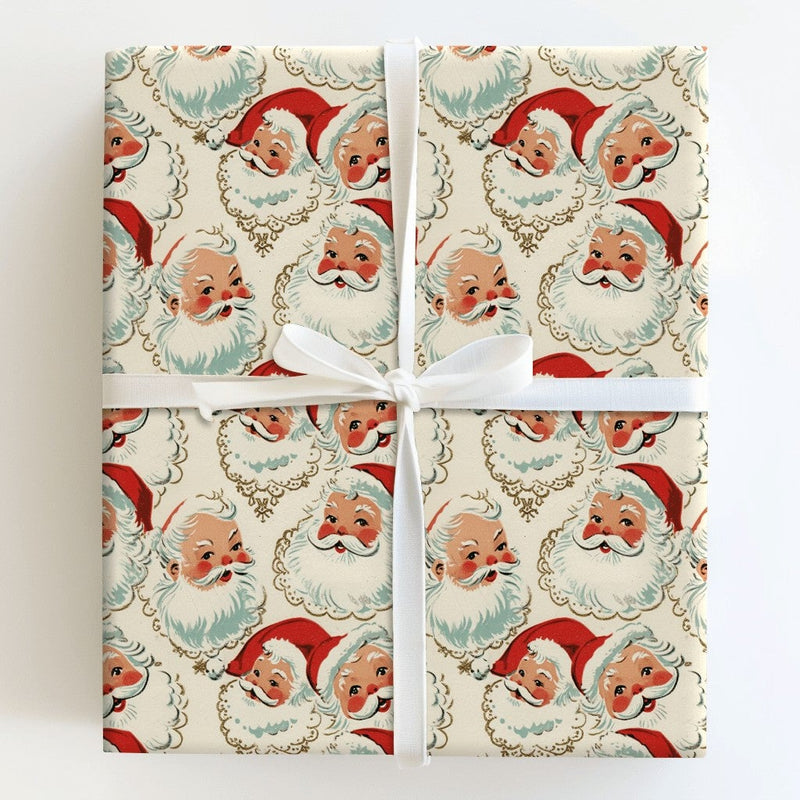 Retro Christmas Gift Wrap, Vintage Santa Claus Faces Wrapping Paper, Classic Holiday Wrapping Paper, Nostalgic Santa Present Paper Roll
