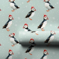 Santa Hat Bird Gift Wrap, Puffin Christmas Wrapping Paper, Watercolor Puffin Wrapping Paper, Coastal Holiday Gift Wrap, Xmas Present Wrap