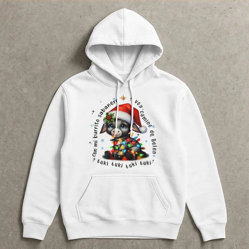 Adorable Donkey Christmas Lights Sweatshirt, Mi Burrito Sabanero Hoodie, Spanish Villancico Holiday Pullover, Festive Latino Family Hoodie