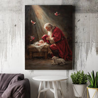 Nativity Scene Cardinals Canvas, Santa Adoring Baby Jesus Canvas Print, Religious Christmas Art Canvas, Holy Night Winter Holiday Decor