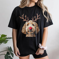 Reindeer Antlers Dog Shirt, Goldendoodle Christmas T-Shirt, Adorable Doodle Holiday Graphic Tee, Red Nose Puppy Tee, Xmas Dog Lover Shirt