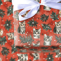 Festive Holiday Kitten Gift Wrap, Christmas Cat Wrapping Paper, Winter Foliage Cat Wrapping Paper, Xmas Present Paper for Cat Lovers