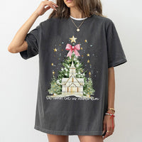 Watercolor Christmas Tree and Church Shirt, Oh Come Let Us Adore Him T-Shirt, Christian Holiday Graphic Tee, Faith Religious Present Shirt