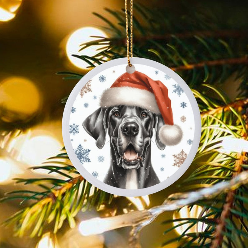 Santa Hat Dog Ceramic Ornament, Black Great Dane Christmas Ornament, Adorable Pet Holiday Tree Ornament, Keepsake Present for Dog Lovers