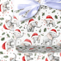 Adorable White Animal Gift Wrap, Santa Hat Elephant Christmas Wrapping Paper, Festive Pine Elephant Wrapping Paper, Holiday Gift Wrapping Paper