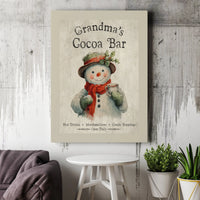 Vintage Snowman Canvas Print, Grandma's Cocoa Bar Canvas Art, Festive Winter Kitchen Canvas Wall Art, Comfy Christmas Decor Holiday Present