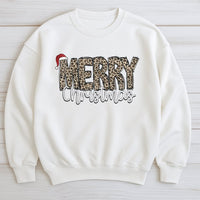 Santa Hat Holiday Sweater, Merry Christmas Leopard Print Sweatshirt, Adorable Winter Xmas Crewneck, Leopard Plaid Christmas Pullover for Her