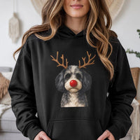 Humorous Red Nose Rudolph Puppy Hooded Sweatshirt, Christmas Reindeer Dog Hoodie, Adorable Winter Holiday Pet Sweater, Xmas Dog Lover Present