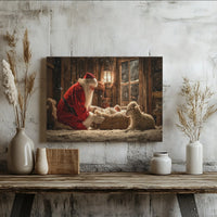 Santa Kneeling Before Baby Jesus Print, Nativity Canvas Wall Art, Religious Christmas Decor, Christian Holiday Present for Home Living Room