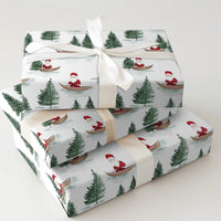 Watercolor Forest Gift Wrap, Santa in Canoe Wrapping Paper, Pine Tree Christmas Wrapping Paper, Outdoor Holiday Gift Wrap