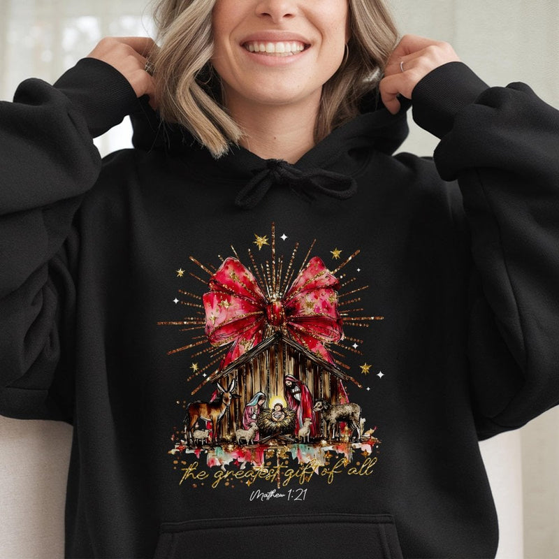 Christian Christmas Scene Pullover, The Greatest Present of All Nativity Hoodie, Jesus Birth Scripture Hooded Sweatshirt, Religious Holiday