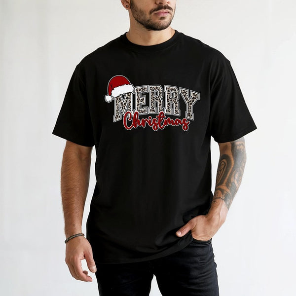 Adorable Retro Xmas Graphic Tee, Merry Christmas Leopard Santa Hat T-Shirt, Buffalo Plaid Cheetah Holiday Shirt, Festive Wome