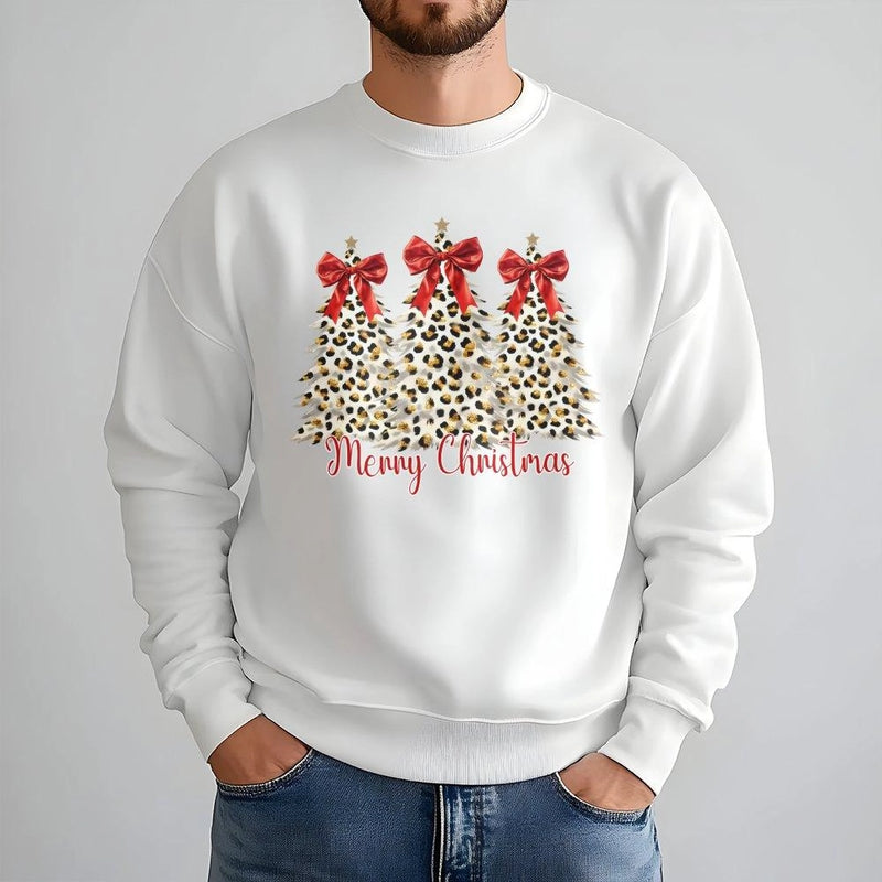 Coquette Bow Holiday Tree Crewneck, Leopard Print Christmas Tree Sweatshirt, Merry Christmas Graphic Pullover, Festive Winter Season Sweater