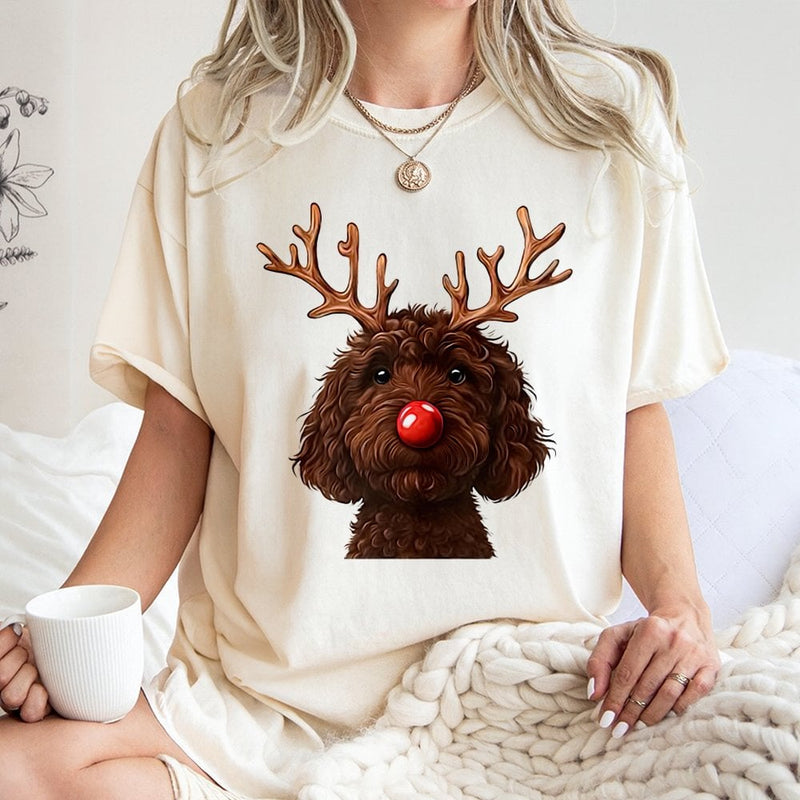Humorous Holiday Dog Shirt, Chocolate Doodle Reindeer T-Shirt, Labradoodle Christmas Tee, Adorable Pet Lover Graphic T-Shirt, Doodle Mom Present