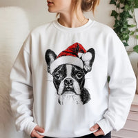 Santa Hat Dog Sweatshirt, Boston Terrier Christmas Sweatshirt, Adorable Puppy Holiday Sweatshirt, Winter Dog Lover Crewneck, Xmas Present