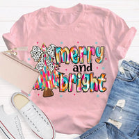 Festive Holiday Graphic Tee, Merry and Bright Tie Dye Tree Shirt, Christmas Tree T-Shirt, Retro Xmas Party Top, Family Holiday Present Tee