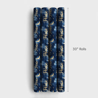 Gold Moon Stars Christmas Gift Wrap, Nativity Peace Wrapping Paper, Christian Holiday Paper, Dark Blue Religious Gift Wrapping Paper Roll