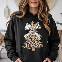 Festive Polka Dot Bow Hooded Sweatshirt, Leopard Print Christmas Tree Hoodie, Adorable Xmas Tree Graphic Pullover, Winter Holiday Hoodie Present