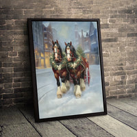 Snowy Town Winter Scene Canvas, Christmas Horse Carriage Canvas Wall Art, Holiday Farmhouse Canvas Print, Rustic Winter Wall Art Decor