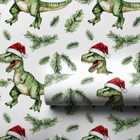 Christmas Dinosaur Wrapping Paper, Santa Hat T-Rex Wrapping Paper, Watercolor Dino Gift Wrap, Adorable Dinosaur Holiday Present Wrapping Paper