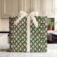 Retro Bauble Christmas Wrapping Paper, Pink Vintage Ornaments Wrapping Paper, Dark Green Holiday Gift Wrap, Watercolor Xmas Paper, Present Roll