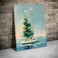 Coastal Nautical Holiday Painting Print, Christmas Tree Sailboat Canvas Art, Beach House Christmas Decor, Digital Download Art