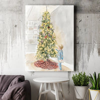 Watercolor Child in Pajamas Print, Christmas Tree Canvas Art, Holiday Nursery Canvas Wall Art, Festive Christmas Canvas Decor Present