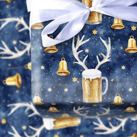 Reindeer Antler Beer Mug Gift Wrap, Rein-Beer Christmas Wrapping Paper, Humorous Holiday Beer Lover Wrapping Paper, Winter Night Sky Gift Wrap