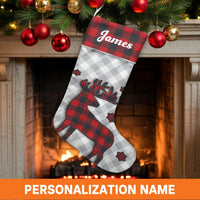 Rustic Plaid Holiday Stocking, Buffalo Plaid Reindeer Christmas Stocking, Personalized Christmas Stocking, Custom Family Fireplace Decor
