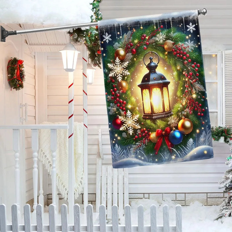 Festive Winter Holiday Yard Banner, Christmas Lantern Wreath Garden Flag, Double Sided Seasonal Flag, Porch Lawn Decor Present