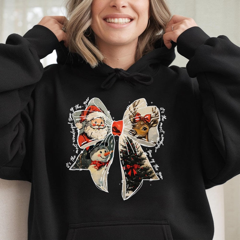 Retro Santa Snowman Reindeer Sweatshirt, Christmas Coquette Bow Hoodie, Girly Holiday Aesthetic Hooded Pullover, Festive Xmas Present Hoodie