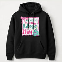 Pink Coquette Christmas Hoodie, Oh Come Let Us Adore Him Hoodie, Retro Christian Holiday Sweatshirt, Adorable Religious Faith Pullover Hoodie