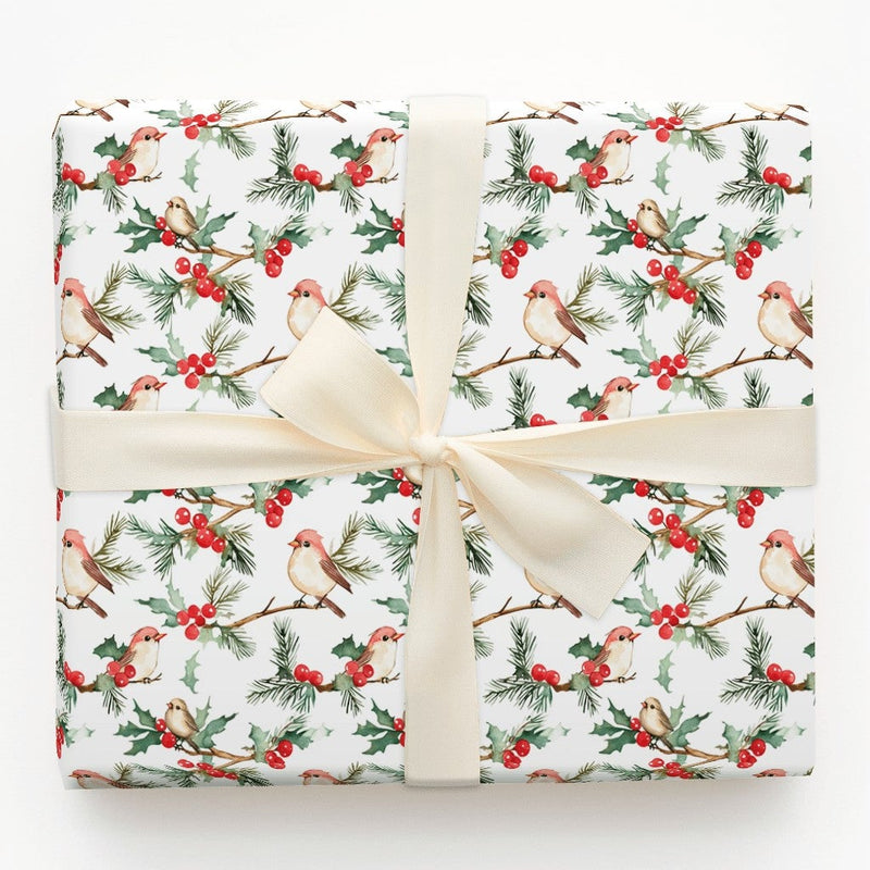 Watercolor Holly Berries Gift Wrap, Winter Birds Wrapping Paper, Christmas Wrapping Paper Roll, Nature Lover Festive Holiday Wrap Paper