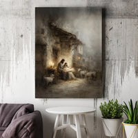 Holy Family with Lambs Canvas, Nativity Scene Canvas Print, Christian Christmas Wall Art, Religious Holiday Wall Decor, Jesus Birth Canvas