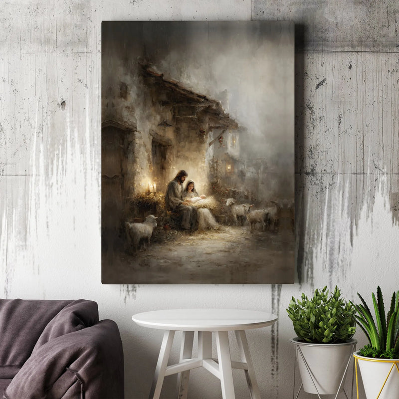 Holy Family with Lambs Canvas, Nativity Scene Canvas Print, Christian Christmas Wall Art, Religious Holiday Wall Decor, Jesus Birth Canvas