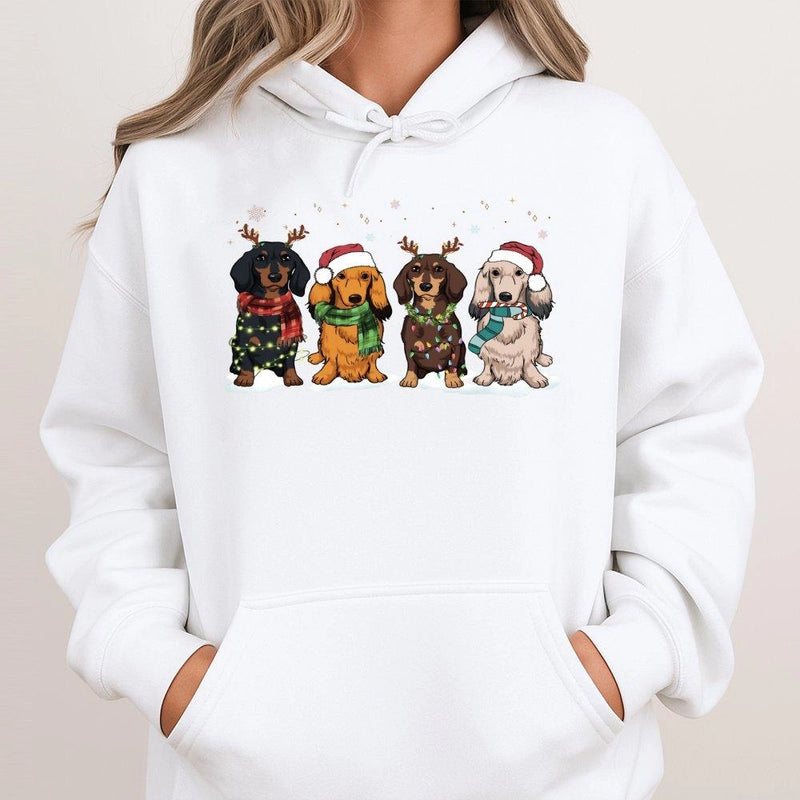 Festive Wiener Dog Holiday Hooded Sweatshirt, Dachshund Christmas Hoodie, Adorable Reindeer Doxie Pullover, Xmas Dog Mom Sweater, Holiday Present