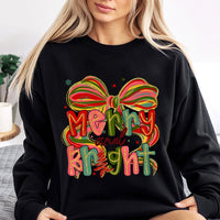 Preppy Coquette Bow Christmas Sweater, Merry and Bright Sweatshirt, Retro Girly Holiday Crewneck, Adorable Winter Season Graphic Pullover