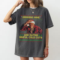 Humorous True Crime Christmas T-Shirt, Drinking Wine Eating Sinful Cold Cuts T-Shirt, Retro Horror Fan Holiday T-Shirt, Xmas Graphic Tee
